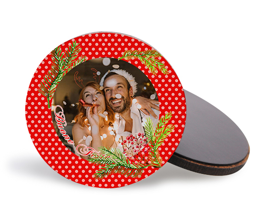 Calamita tonda in legno con foto e grafica Bacche natalizie