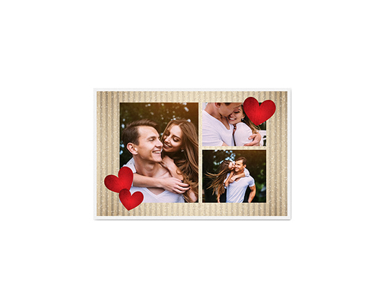 Biglietto di auguri con grafica romantica e collage di foto