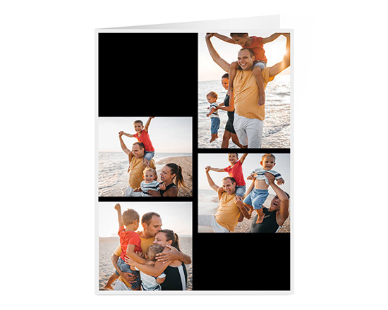 Biglietto augurale con grafica collage e sfondo nero