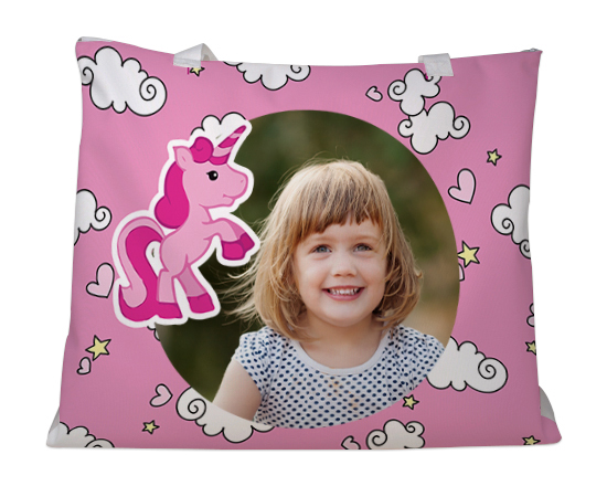 Borsa da spiaggia con foto e grafica unicorno