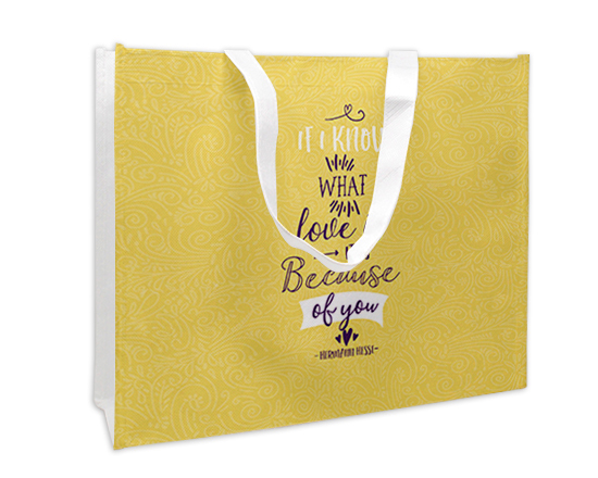 Borsa spesa con grafica gialla e dedica
