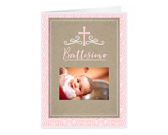 Biglietto per il battesimo con foto e grafica rosa