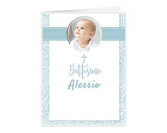Biglietto personalizzato per battesimo con nome, foto e grafica celeste