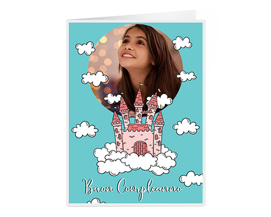 Biglietto auguri buon compleanno con grafica castello principessa