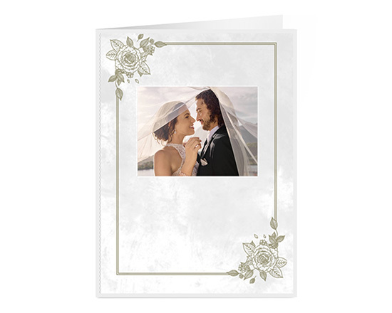 Biglietto auguri pieghevole con grafica a fiori e foto matrimonio