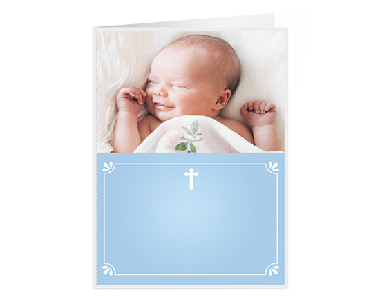 Biglietto a 2 ante per nascita con grafica sacra colore celeste