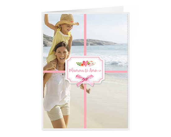 Biglietto auguri con foto e grafica per la mamma nastro rosa