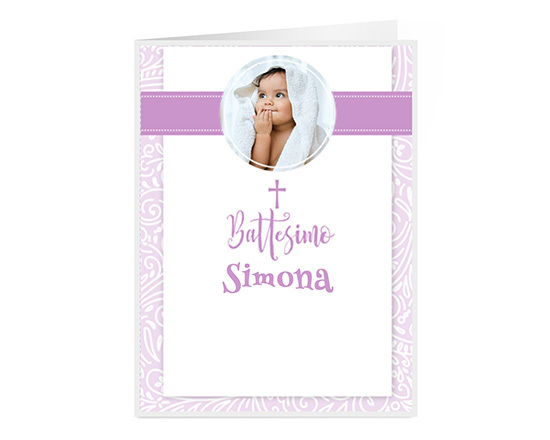 Biglietto personalizzato per Battesimo con nome, foto e grafica rosa