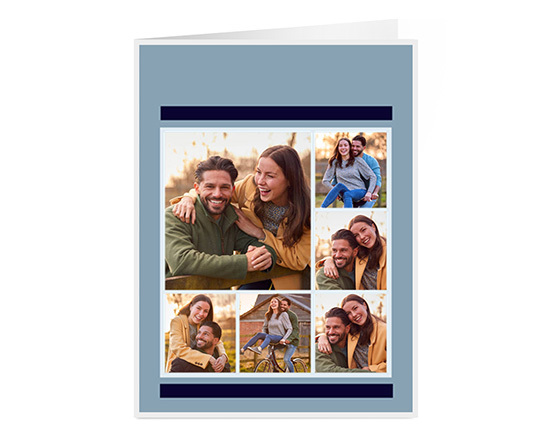Biglietto auguri con collage di foto e sfondo celeste