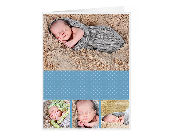 Biglietto auguri con grafica collage su sfondo celeste