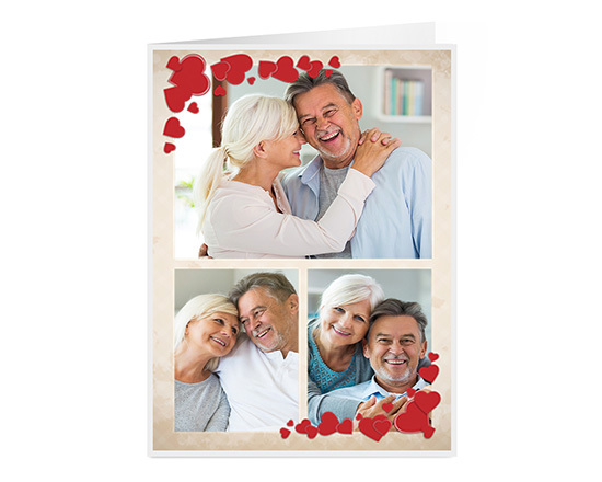 Biglietto auguri con grafica cuori e collage 3 riquadri