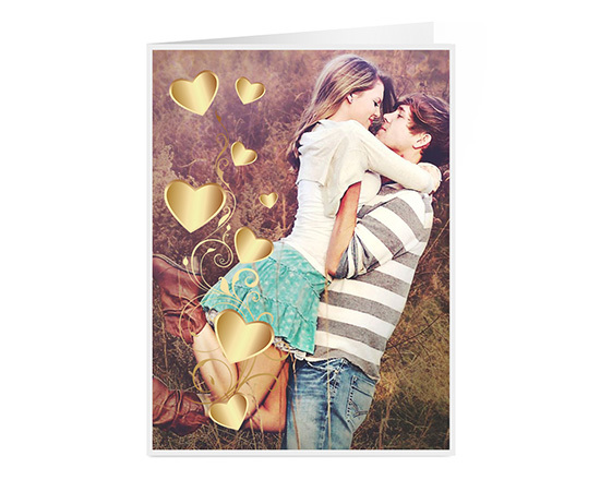 Card personalizzata con foto innamorati e cuori dorati