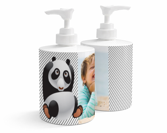 dispenser sapone personalizzato con grafica panda e foto
