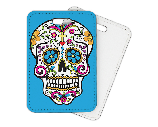 Targa da bagaglio in pelle con grafica teschio colorato