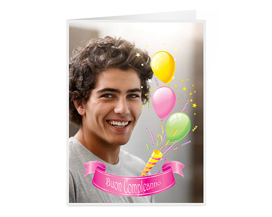 Biglietto auguri pieghevole per compleanno con foto e palloncini