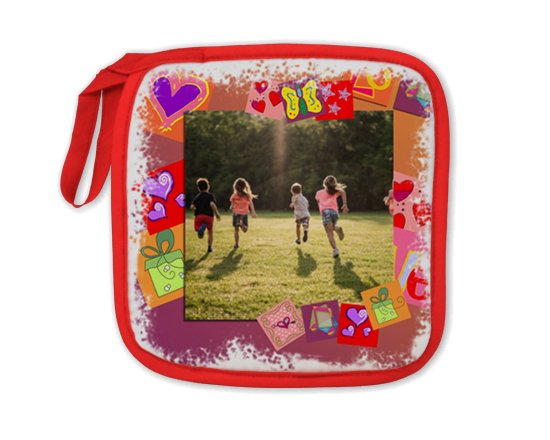 Disegni colorati e stilizzati per la presina dal bordo rosso