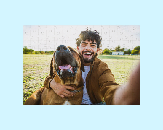 Puzzle in legno 25x36 cm foto cane con padrone