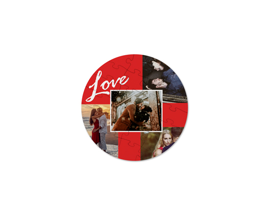 Puzzle rotondo in legno collage 4 riquadri scritta love