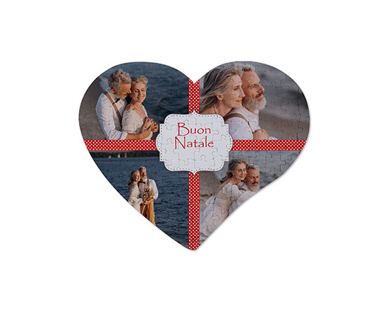 Puzzle a cuore con grafica collage e auguri di buon natale