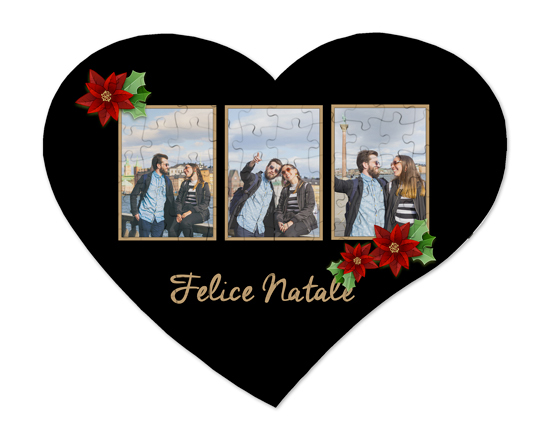 puzzle cuore in masonite con grafica felice natale