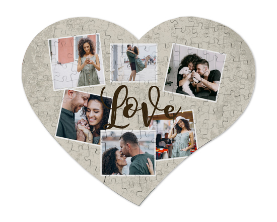 Puzzle cuore A3 in legno con grafica collage 6 riquadri love