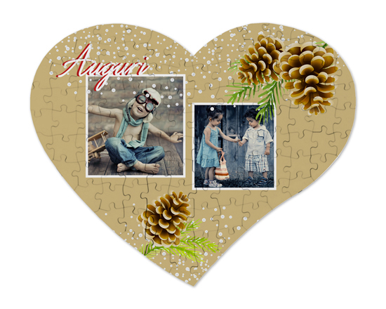 Puzzle cuore A3 in legno collage 2 riquadri e pigne natalizie