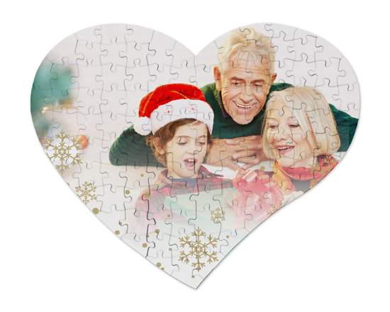 Puzzle a cuore in masonite con grafica fiocchi di neve