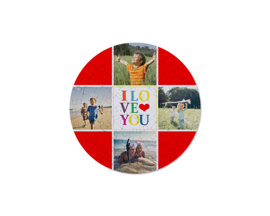 Puzzle rotondo con grafica i love you e collage di foto