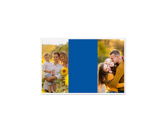 Bigliettino d'auguri con due foto e grafica blu per scrivere dedica
