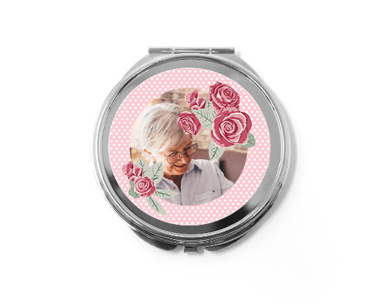 Lo specchietto tondo personalizzato con foto e con piccole rose