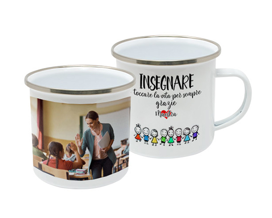 Tazza in metallo Smaltato per maestra con grafica Insegnare