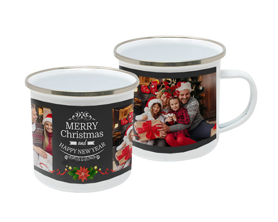 Tazza in metallo smaltato con grafica natalizia da personalizzare