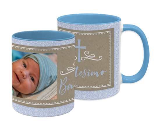 Tazza personalizzata con foto per il battesimo con grafica celeste