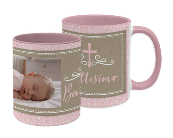 Tazza personalizzata con foto e grafica rosa per il battesimo