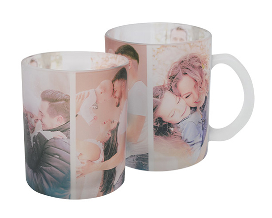 Tazza in vetro satinato personalizzata con collage foto 3 riquadri