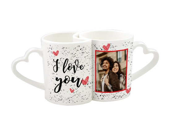 Tazze di coppia con grafica i love you e foto