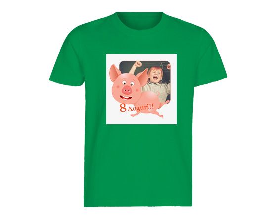 T-shirt verde in cotone con grafica maialino