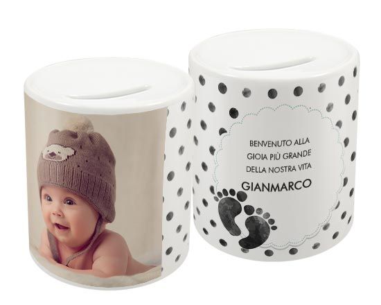 Salvadanaio con impronte nere e pois