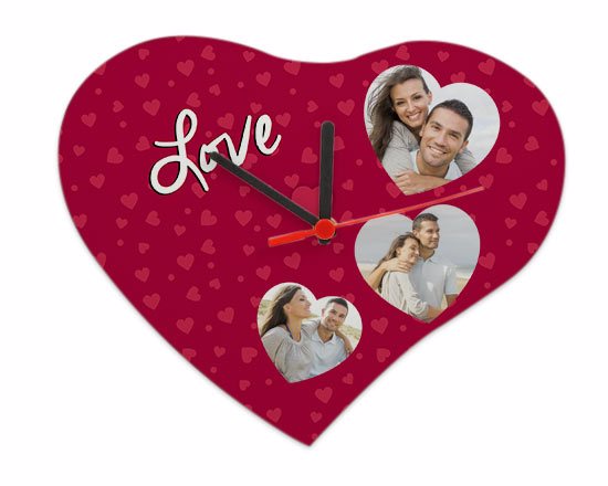 Orologio cuore legno 25x21 grafica per san Valentino, 3 cuori