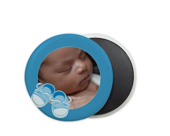 calamita rotonda personalizzata con foto e grafica nascita bimbo