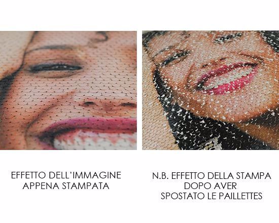 Effetto della stampa personalizzata sullo zaino, prima e dopo aver spostato le paillettes