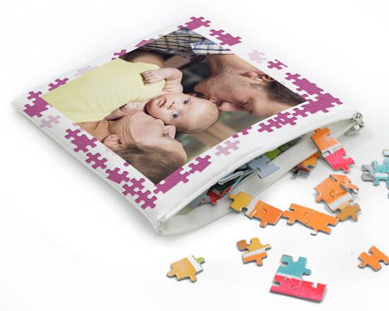 sacchetto in tessuto, personalizzato sul fronte con la stampa del puzzle