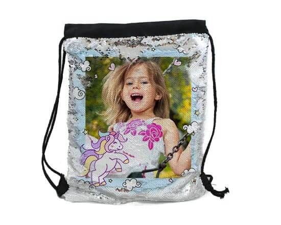 Sacca con paillettes argentate e stampa mini pony