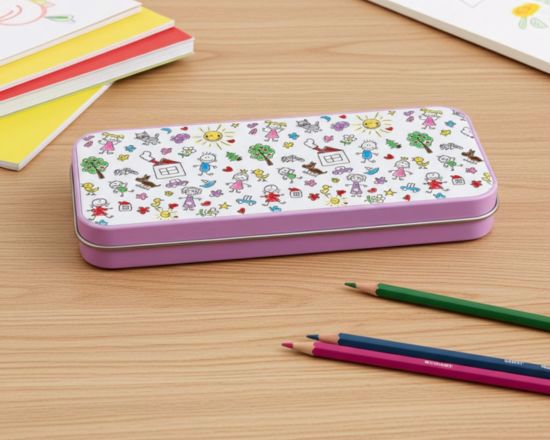 astuccio in metallo con grafica con disegni