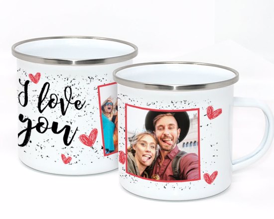 tazza in metallo smaltato con grafica per innamorati