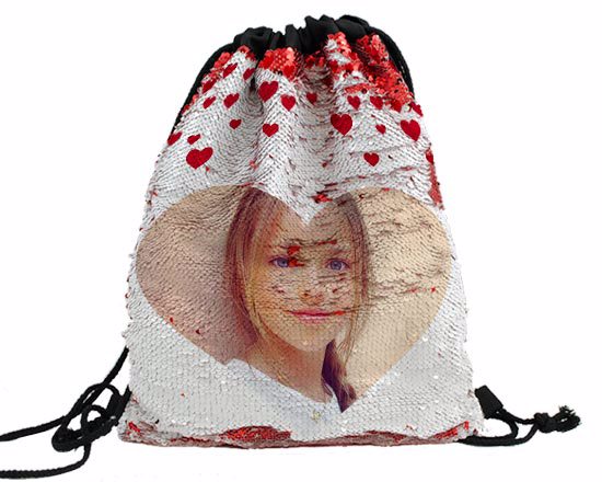 Sacca personalizzata con grafica cuore, paillettes rosse