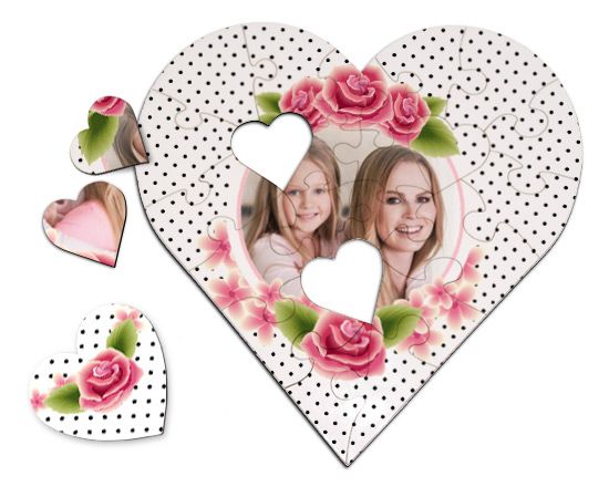 Puzzle a cuore in legno Rose e pois