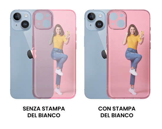Cover iphone 15 plus con stampa trasparente o bianco coprente