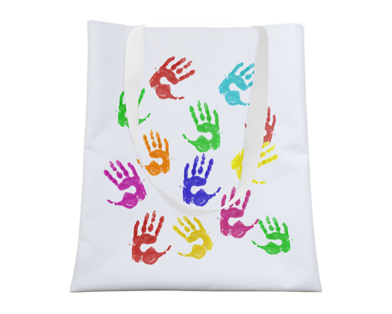 borsa shopping in tessuto per maestra con manine colorate