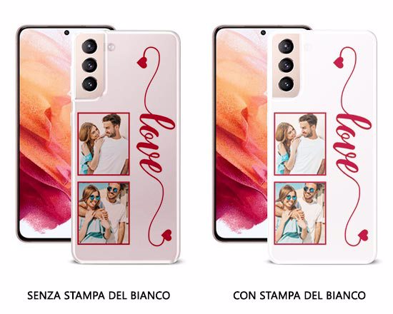 Cover per Galaxy S21, personalizzata in silicone trasparente. Scegli se stamparla con o senza lo strato bianco.